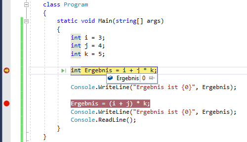 Quellcode mit Breakpoint in Visual Studio